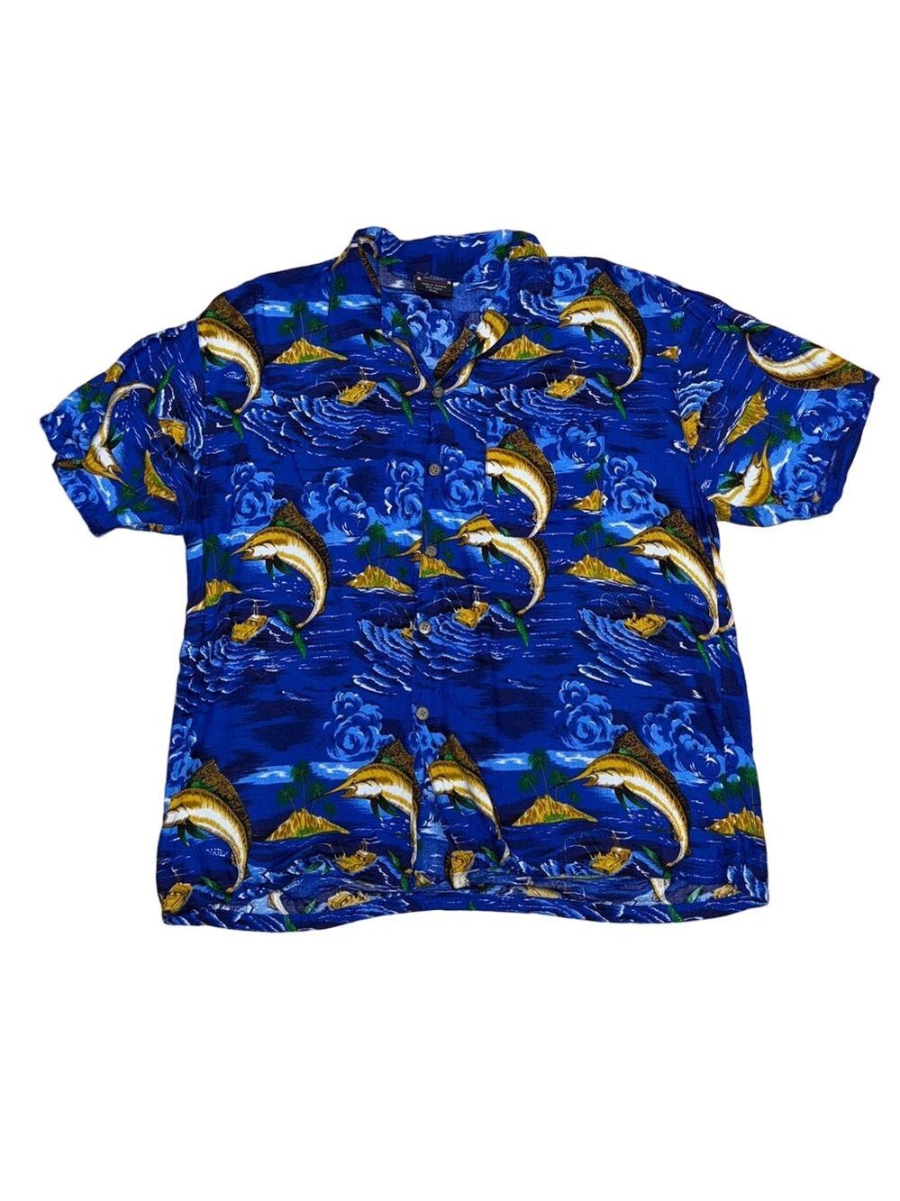 LG Sport XXL Blue Marlin Fish Print Hawaiian Rayon Button Down Shirt